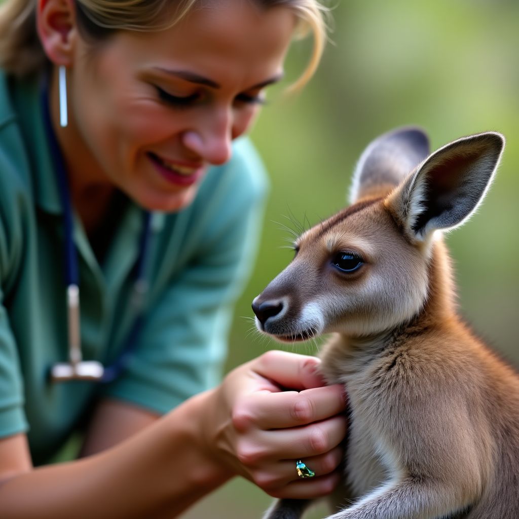Wildlife rescuer treating injured kangaroo